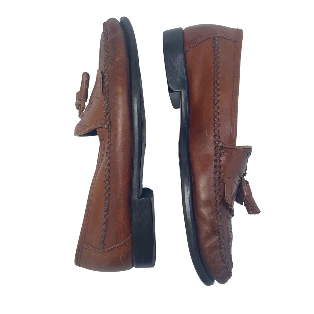 Hush Puppies Brown Leather Loafers Mens Size‎ 9M Tassels Woven Upper Dress Shoes